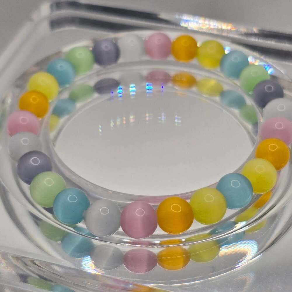 Handmade ✦ Cat’s Eye Bracelet ✦ Multicolor 8mm Beads Stretch‑Fit Boho NWT